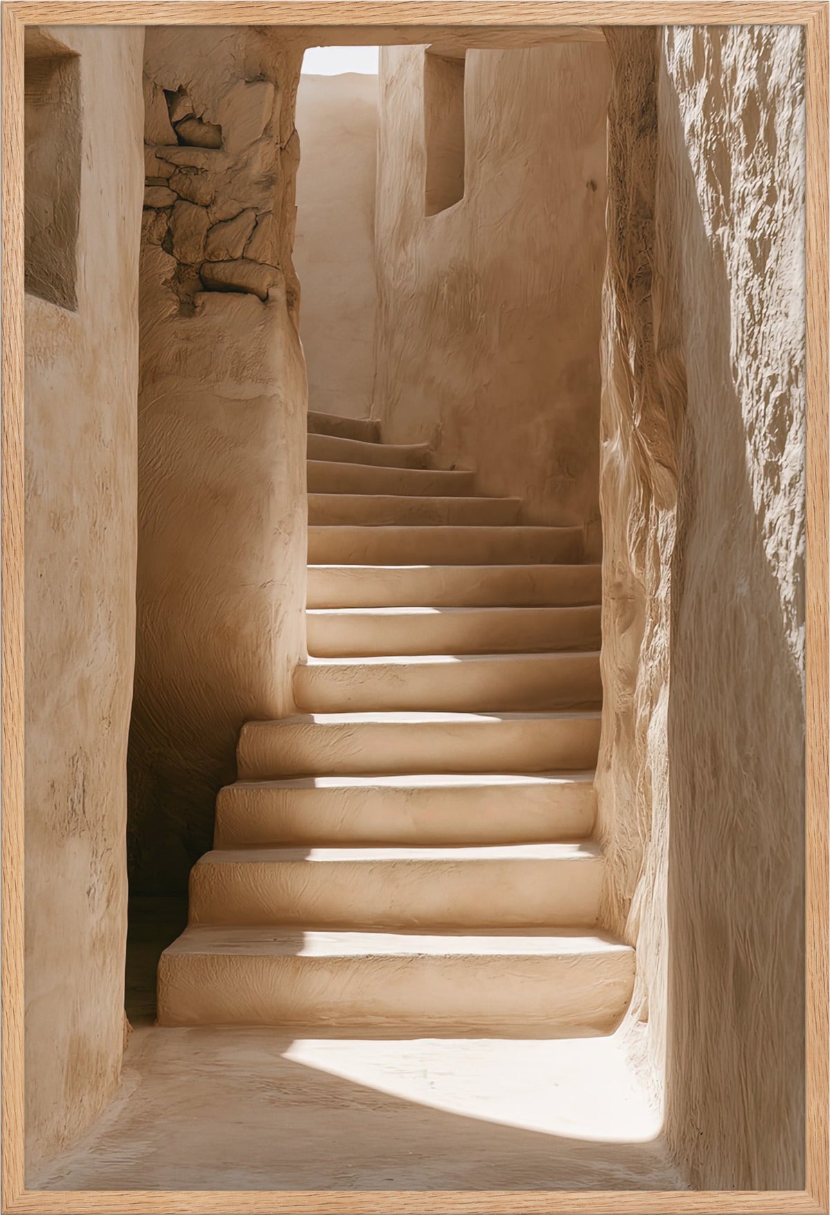 Affiche Les Degrés de Craie — escalier de pierre dans une ruelle blanchie, encadrée chêne massif, format 61×91 cm
