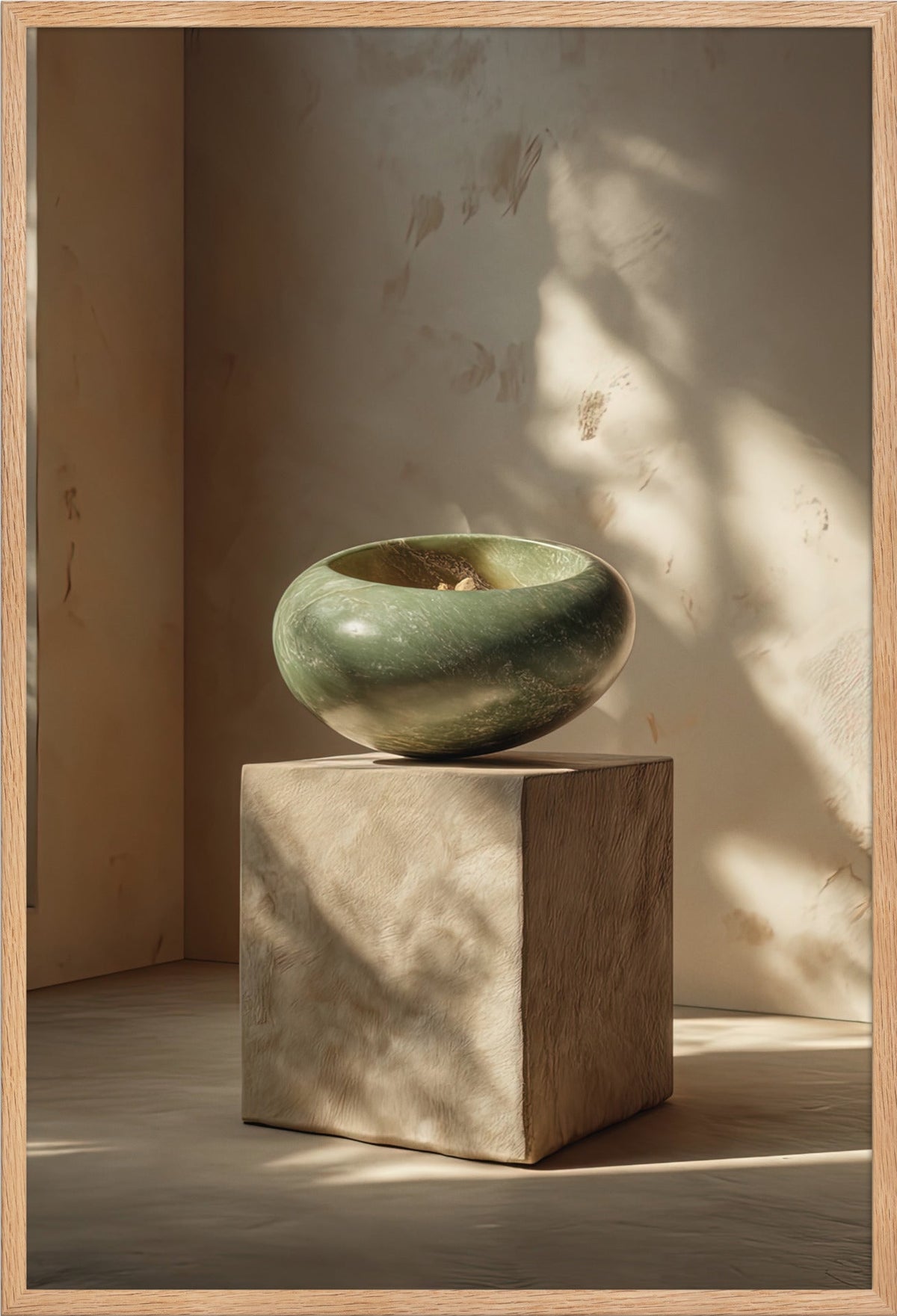 Poster La Giada e il Cubo — ciottolo verde giada in equilibrio su un cubo di pietra, in cornice di rovere massello, formato 61×91 cm