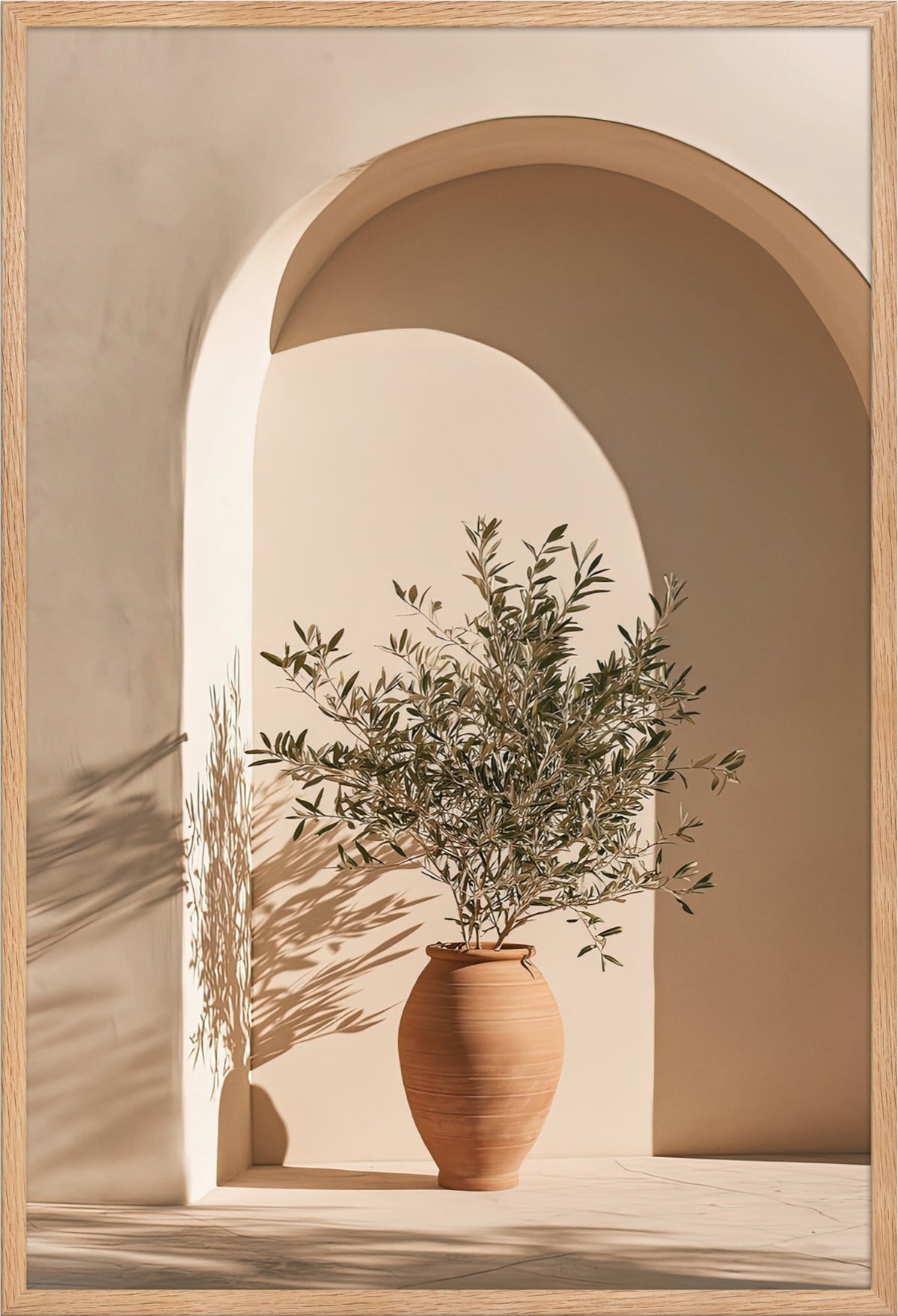 Poster The Rest Beneath the Arch — plaster arch and terracotta jar with an olive branch, in a solid oak frame, 61×91 cm