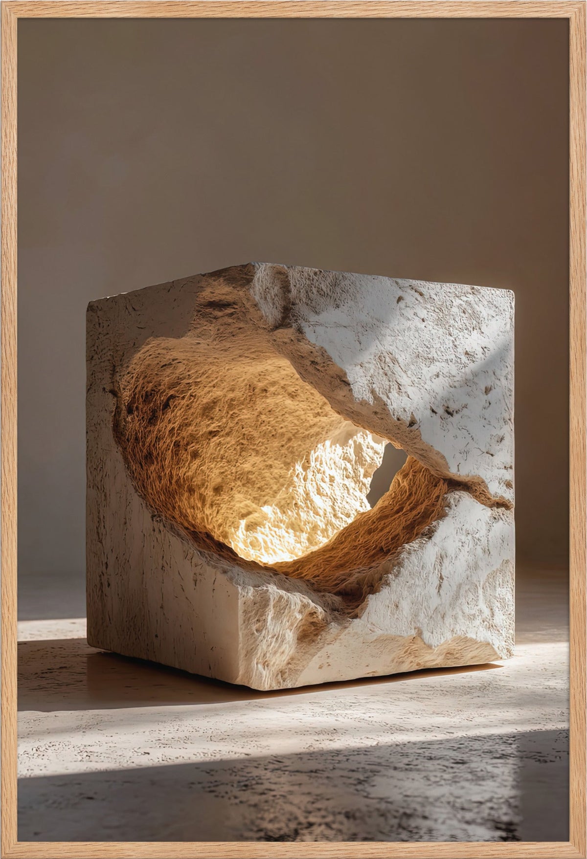 Poster De Gouden Ader — opengebroken steen met een gouden kern, in een massieve eiken lijst, formaat 61×91 cm