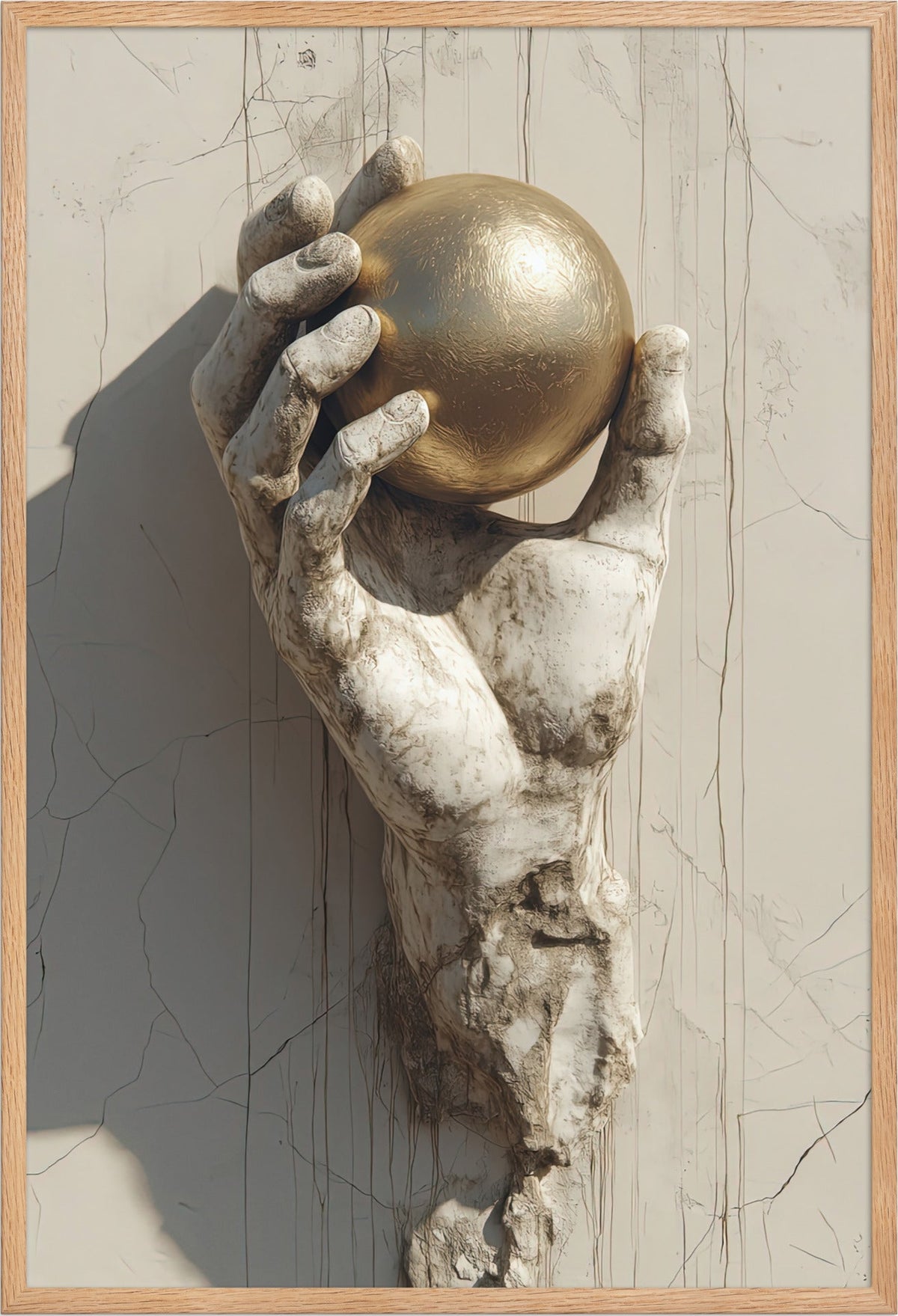 Poster The Held Orb — golden orb held by a hand of stone, in a solid oak frame, 61×91 cm