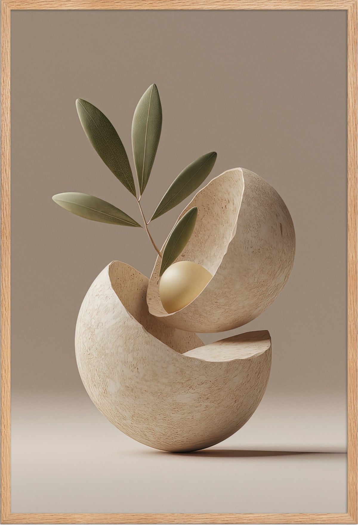 Poster The Opened Seed — opened stone seed with a single leaf, in a solid oak frame, 61×91 cm