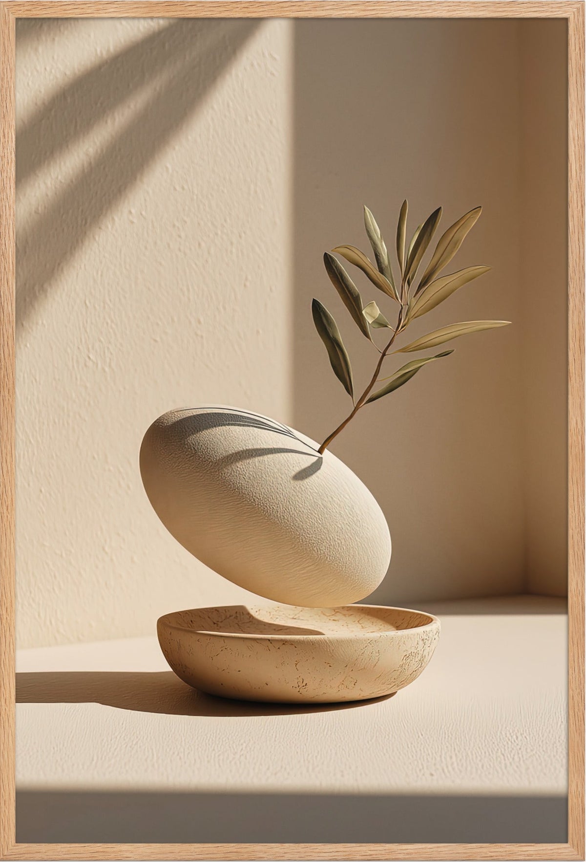 Poster The Hollow and the Branch — hollowed pebble holding a sprig, in a solid oak frame, 61×91 cm
