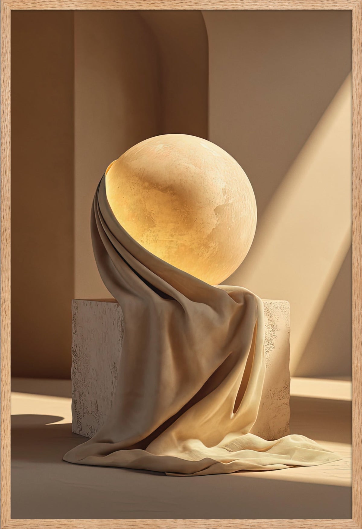 Poster L'Astro Drappeggiato — disco solare dorato avvolto in un drappo, in cornice di rovere massello, formato 61×91 cm