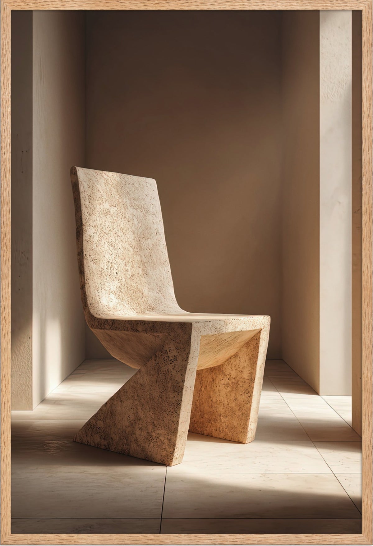 Poster Il Sedile Scolpito — sedia scolpita in un blocco di pietra chiara, in cornice di rovere massello, formato 61×91 cm