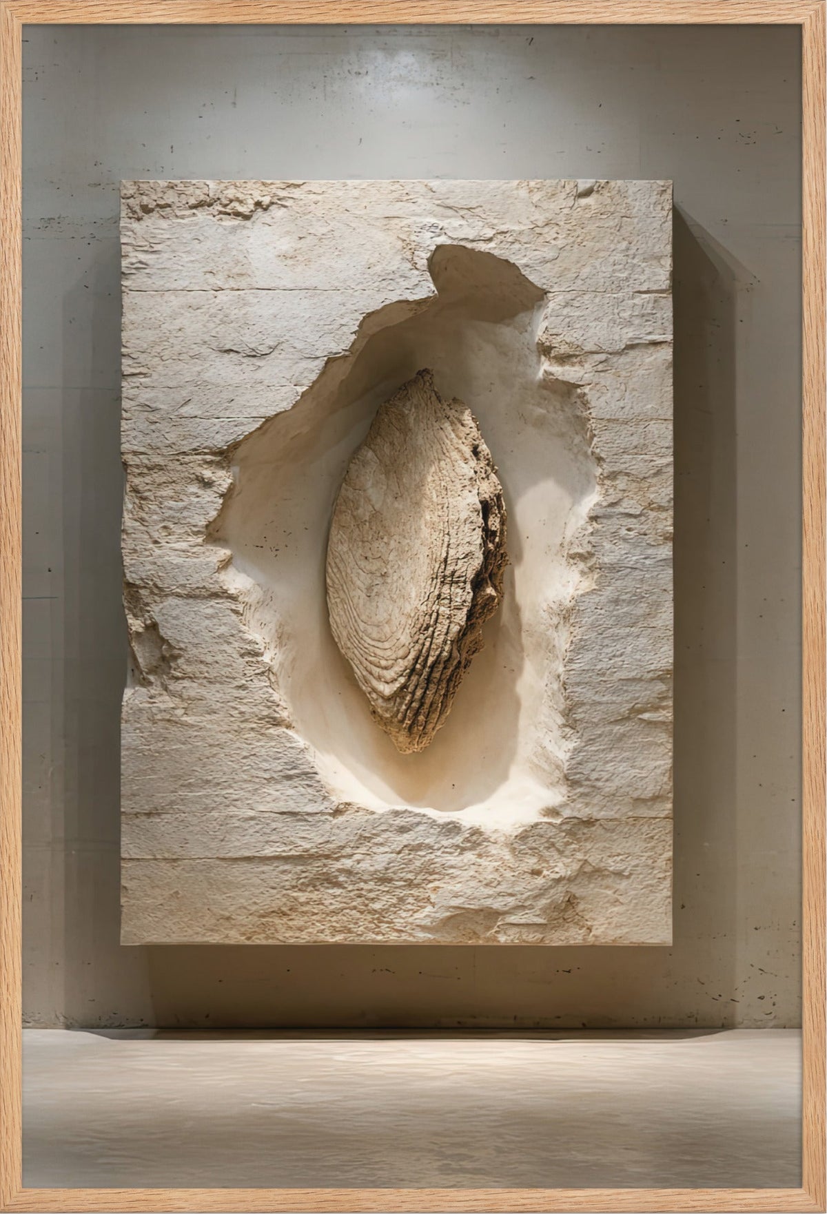 Poster De Ingebedde Schelp — parelmoeren schelp verzonken in een travertijnen plaat, in een massieve eiken lijst, formaat 61×91 cm