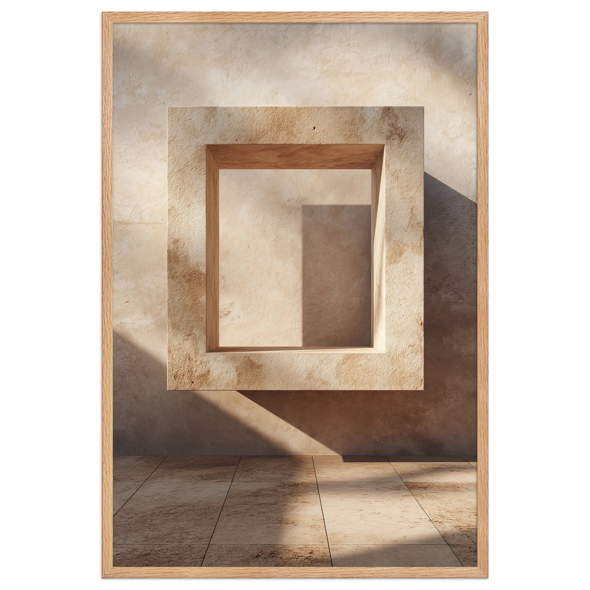 Poster The Square Doorframe — square stone frame and its cast shadow, in a solid oak frame, 61×91 cm