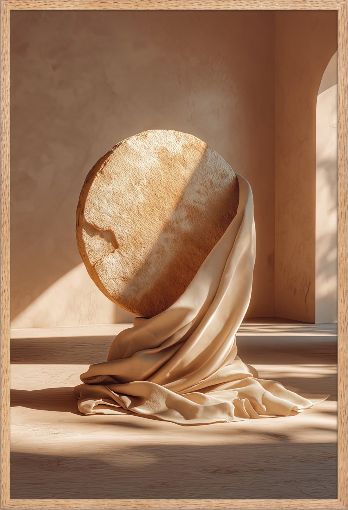 Poster The Wrapped Sphere — veined stone sphere resting on drapery, in a solid oak frame, 61×91 cm