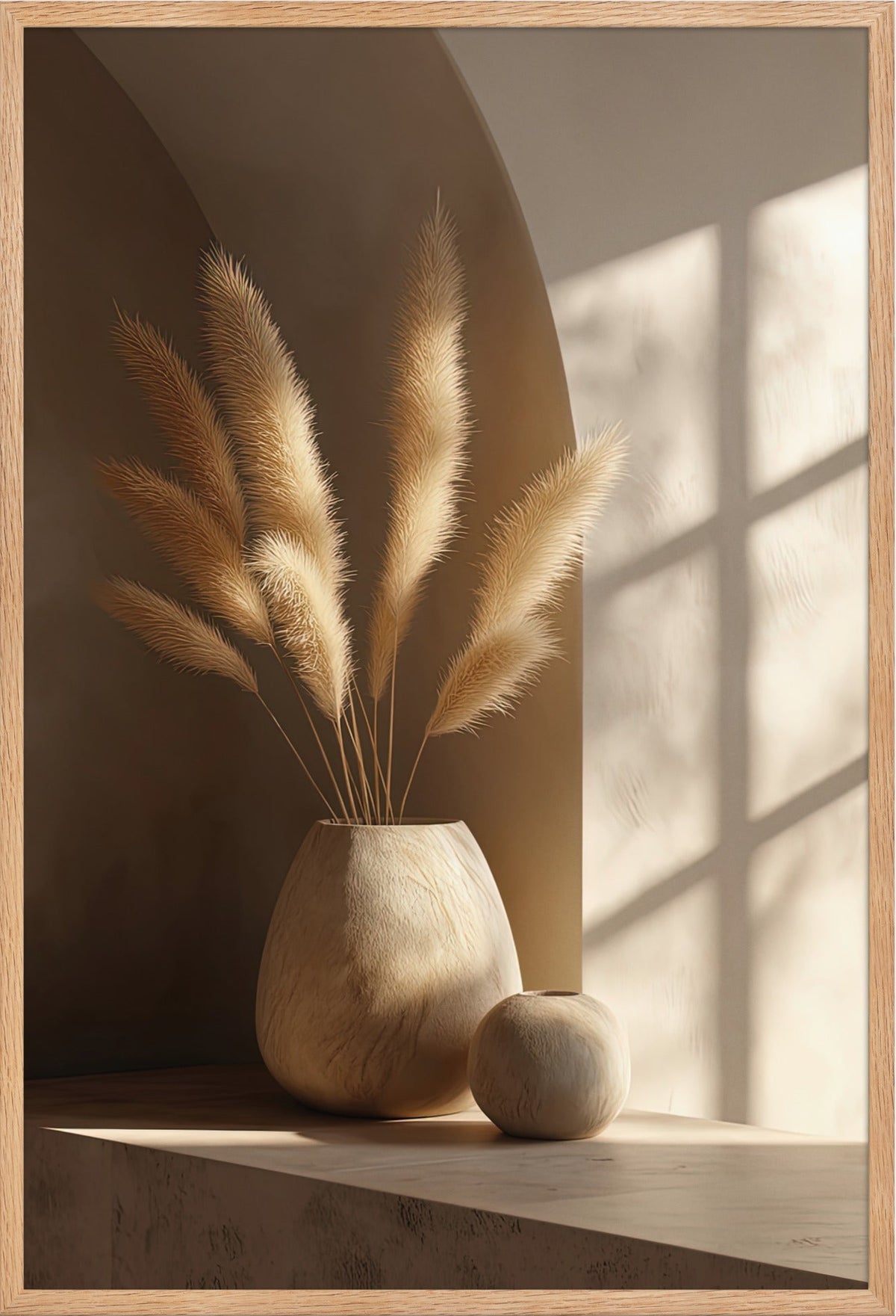 Die Vase mit Lagurus — gerahmt in massiver Eiche, 61 × 91 cm