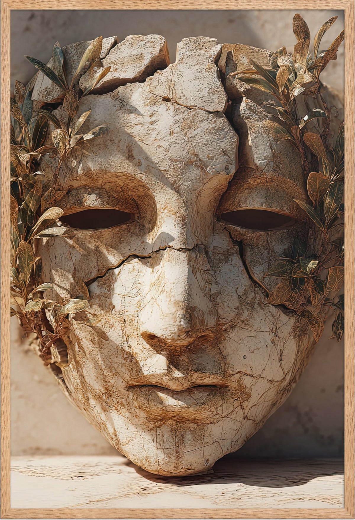 Das Gesicht mit Zweigen — gerahmt in massiver Eiche, 61 × 91 cm