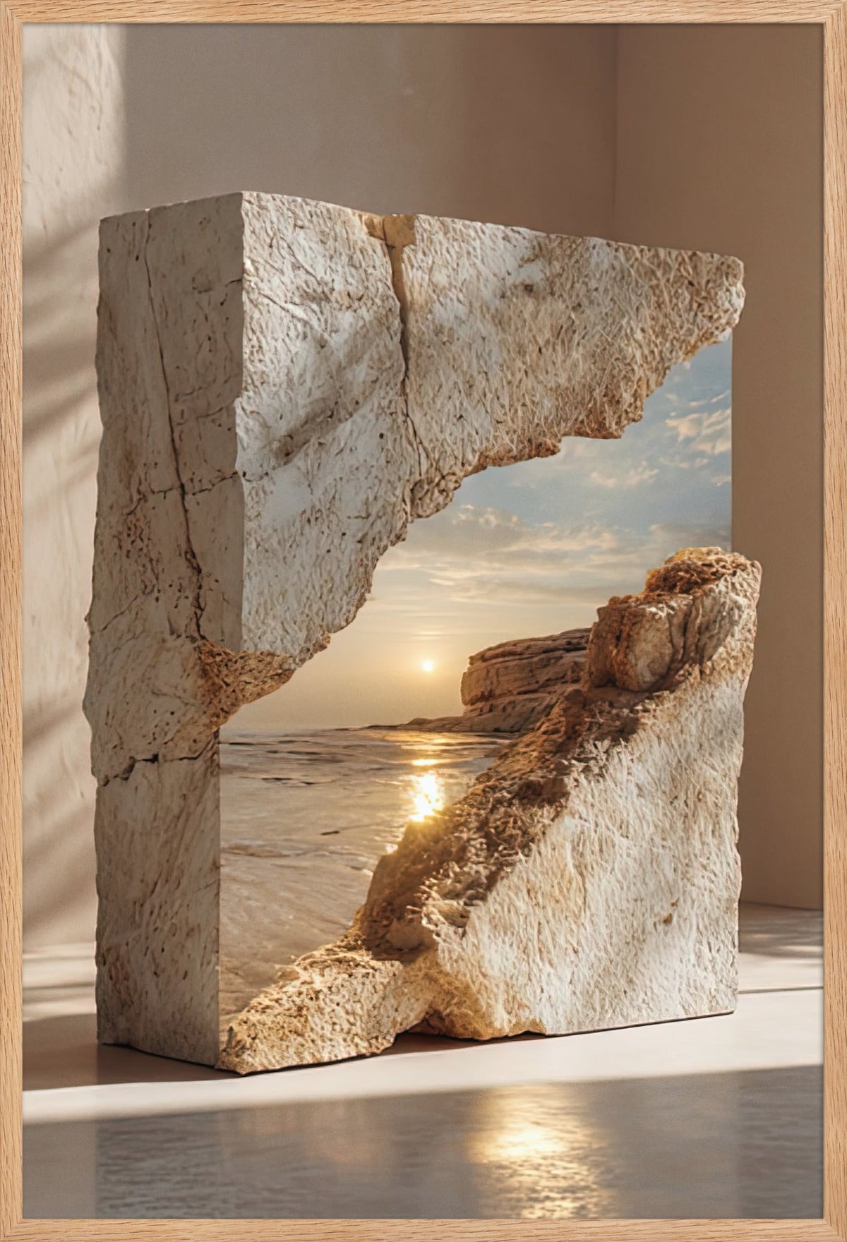 Das Meer im Block — gerahmt in massiver Eiche, 61 × 91 cm