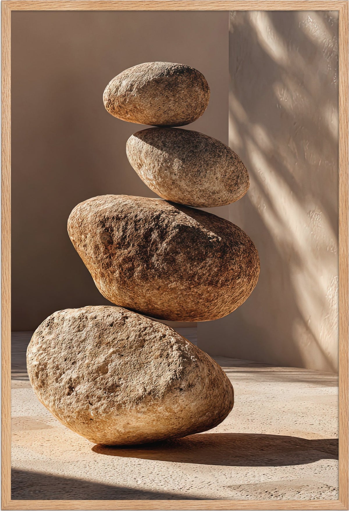 De Staplade Kiselstenarna — med ram i massiv ek, 61 × 91 cm