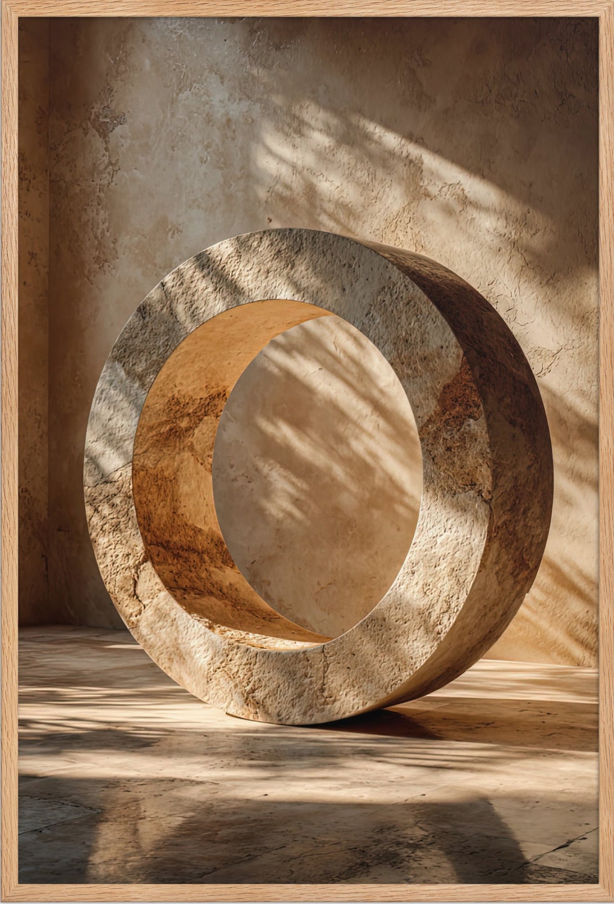 Travertincirkeln — med ram i massiv ek, 61 × 91 cm