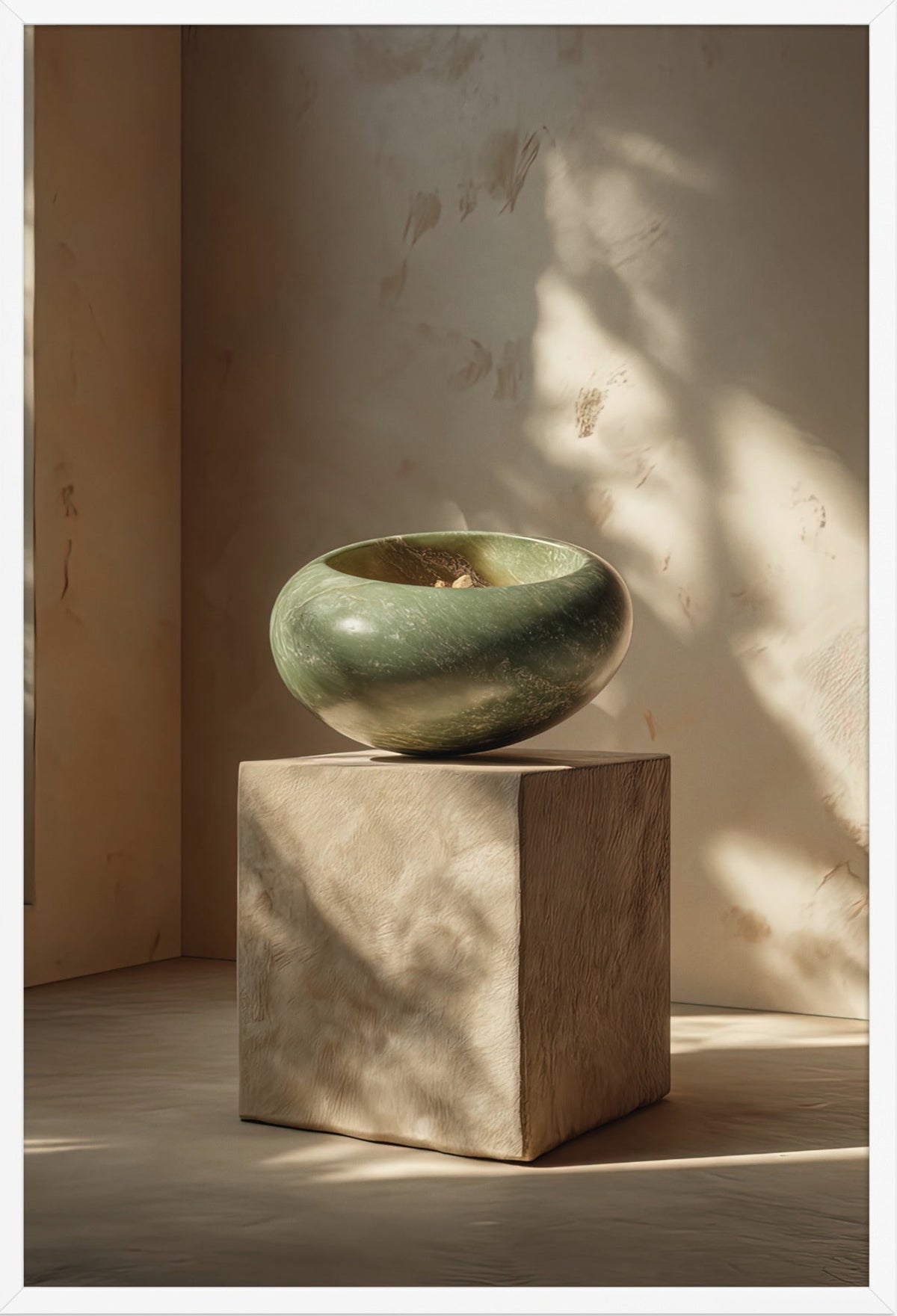 Poster La Giada e il Cubo — ciottolo verde giada in equilibrio su un cubo di pietra, in cornice bianca, formato 61×91 cm
