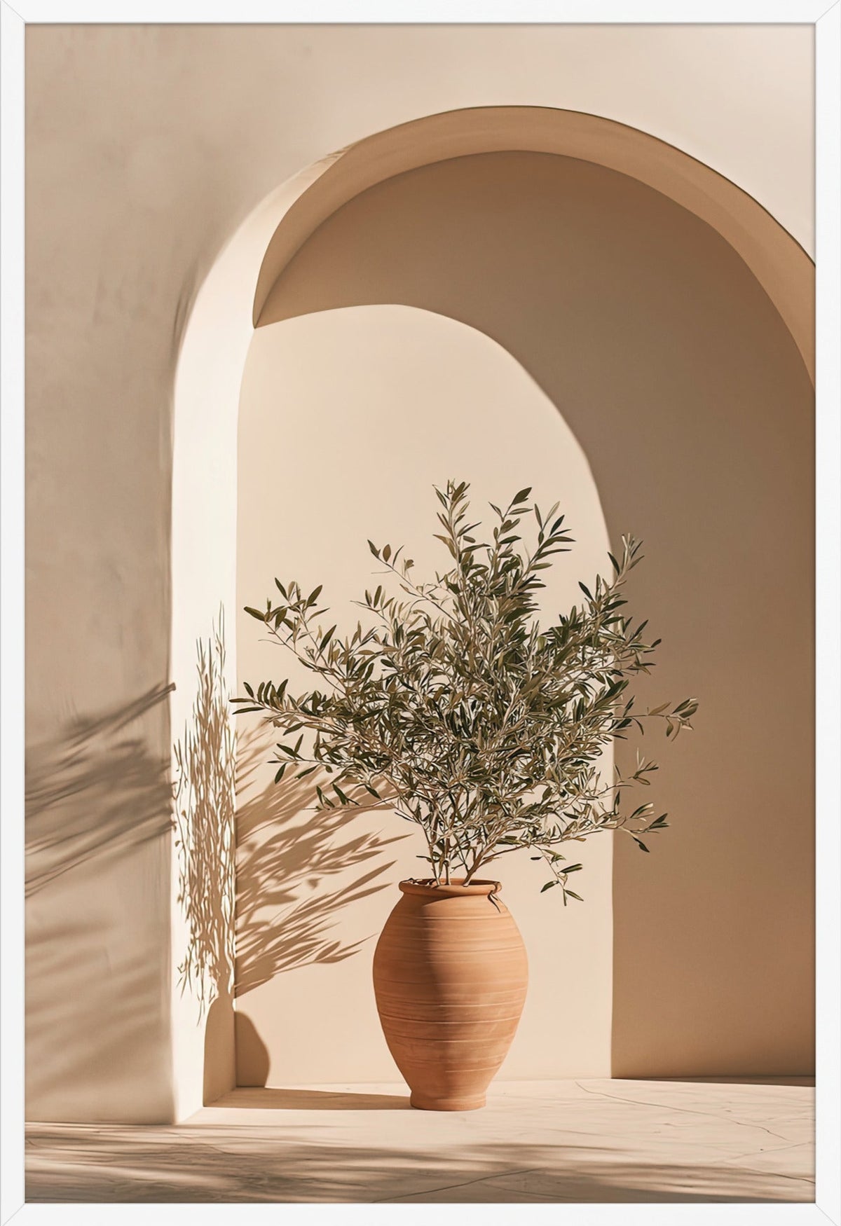 Poster The Rest Beneath the Arch — plaster arch and terracotta jar with an olive branch, in a white frame, 61×91 cm