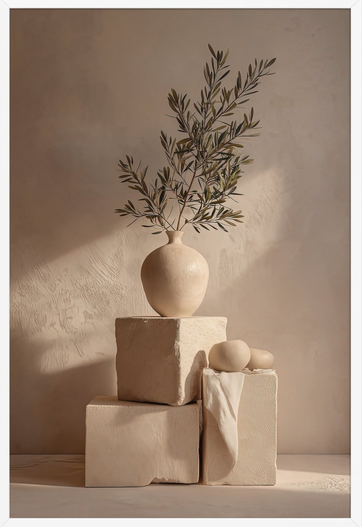 Poster Das Gleichgewicht aus Kreide — kugelförmige Vase auf Kreideblöcken, im weißen Rahmen, Format 61×91 cm