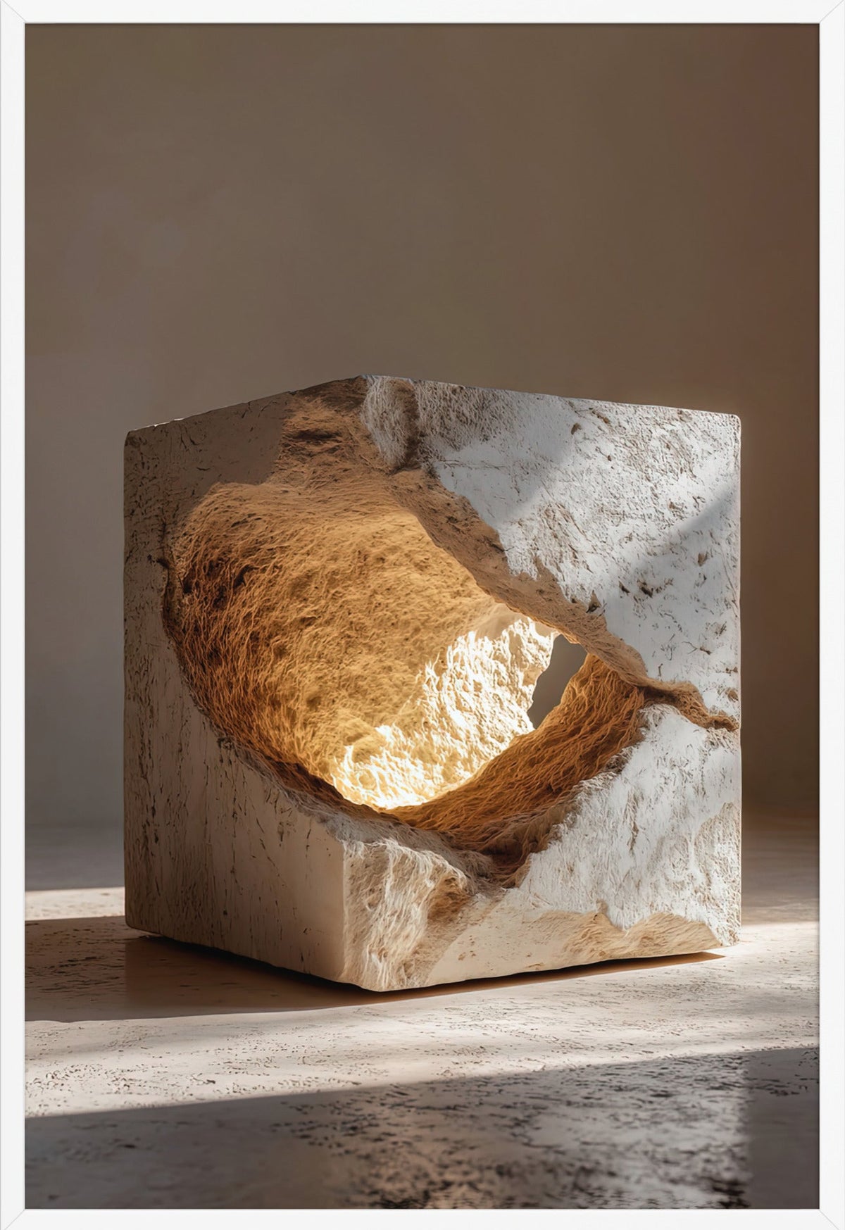 Poster De Gouden Ader — opengebroken steen met een gouden kern, in een witte lijst, formaat 61×91 cm
