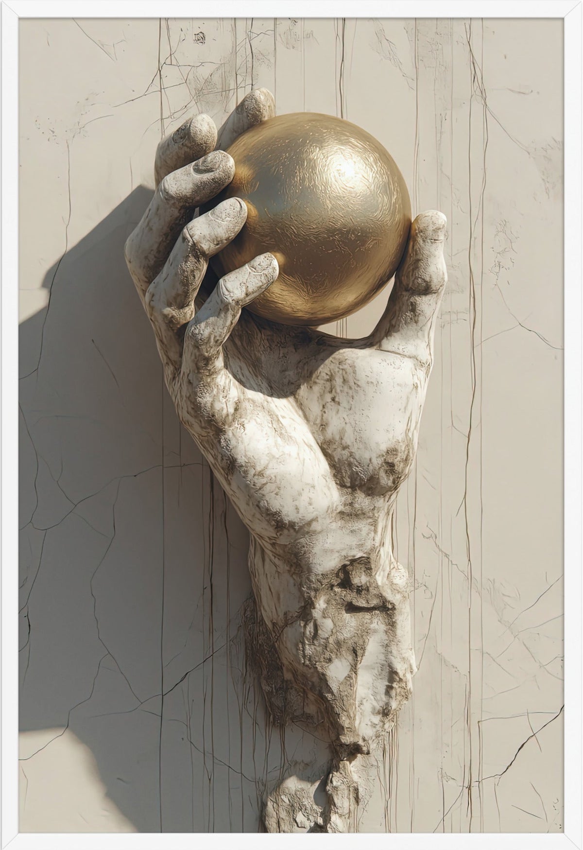 Poster The Held Orb — golden orb held by a hand of stone, in a white frame, 61×91 cm
