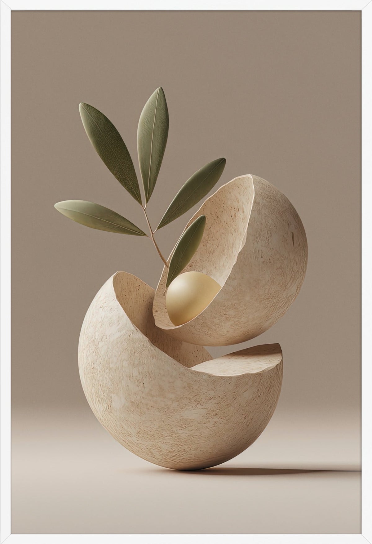 Poster The Opened Seed — opened stone seed with a single leaf, in a white frame, 61×91 cm