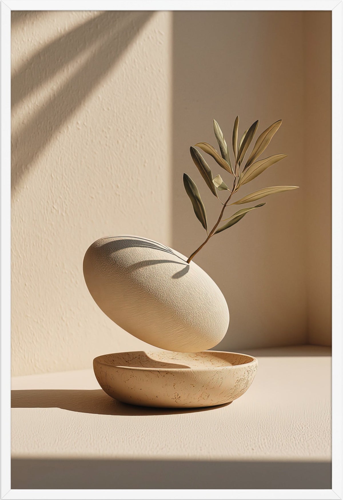 Poster The Hollow and the Branch — hollowed pebble holding a sprig, in a white frame, 61×91 cm
