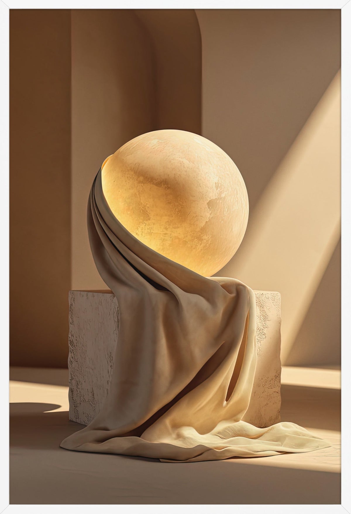 Poster L'Astro Drappeggiato — disco solare dorato avvolto in un drappo, in cornice bianca, formato 61×91 cm