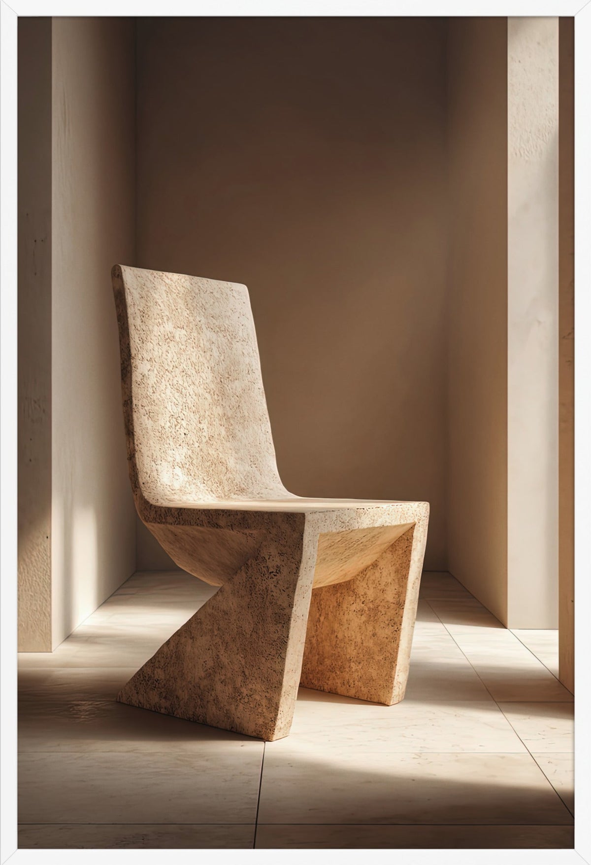 Poster Il Sedile Scolpito — sedia scolpita in un blocco di pietra chiara, in cornice bianca, formato 61×91 cm