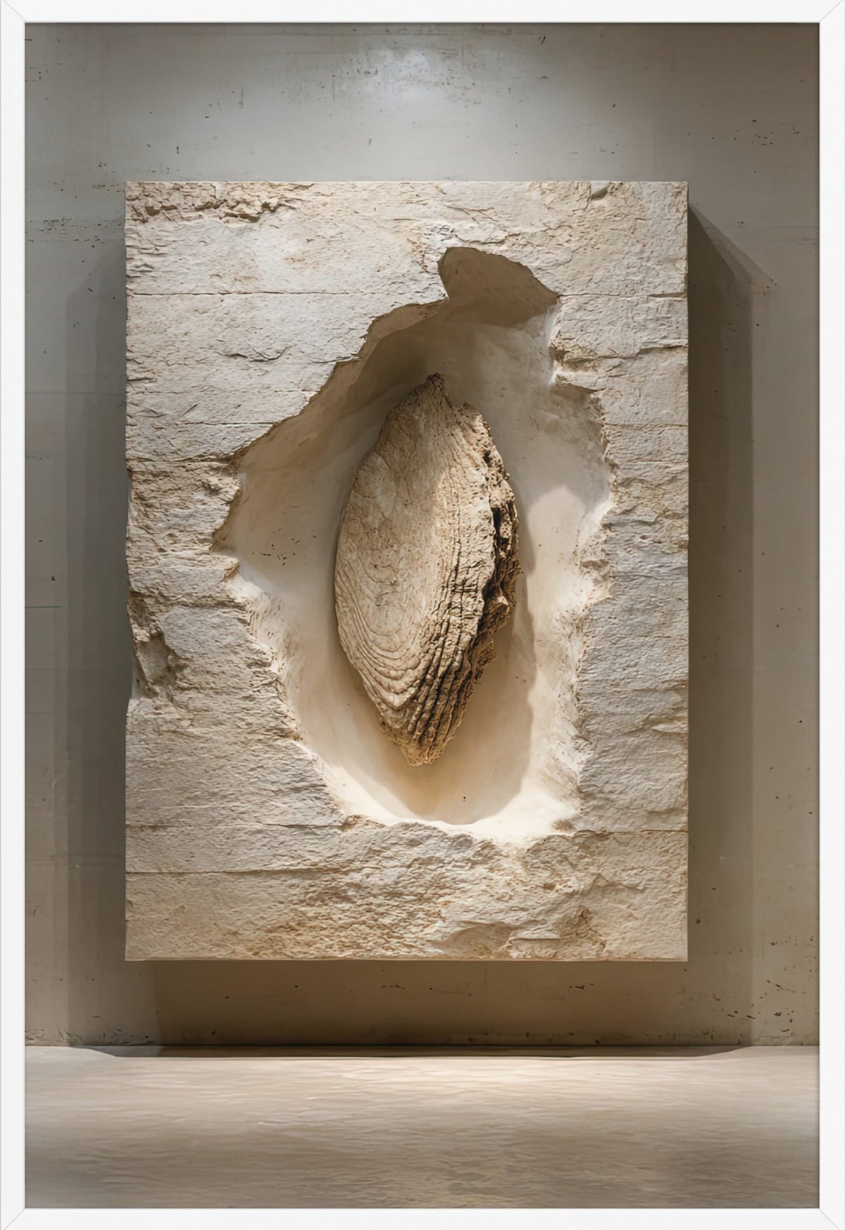 Poster De Ingebedde Schelp — parelmoeren schelp verzonken in een travertijnen plaat, in een witte lijst, formaat 61×91 cm