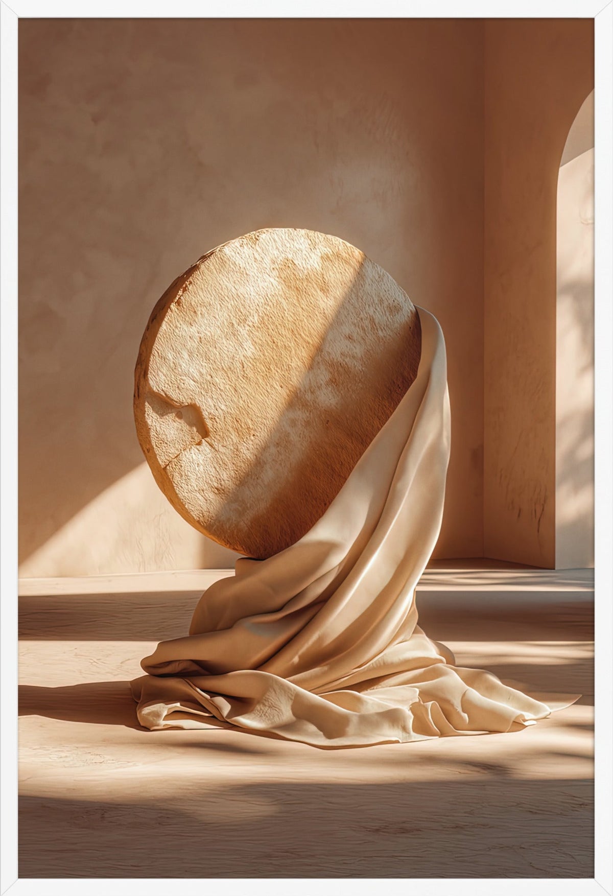 Poster The Wrapped Sphere — veined stone sphere resting on drapery, in a white frame, 61×91 cm