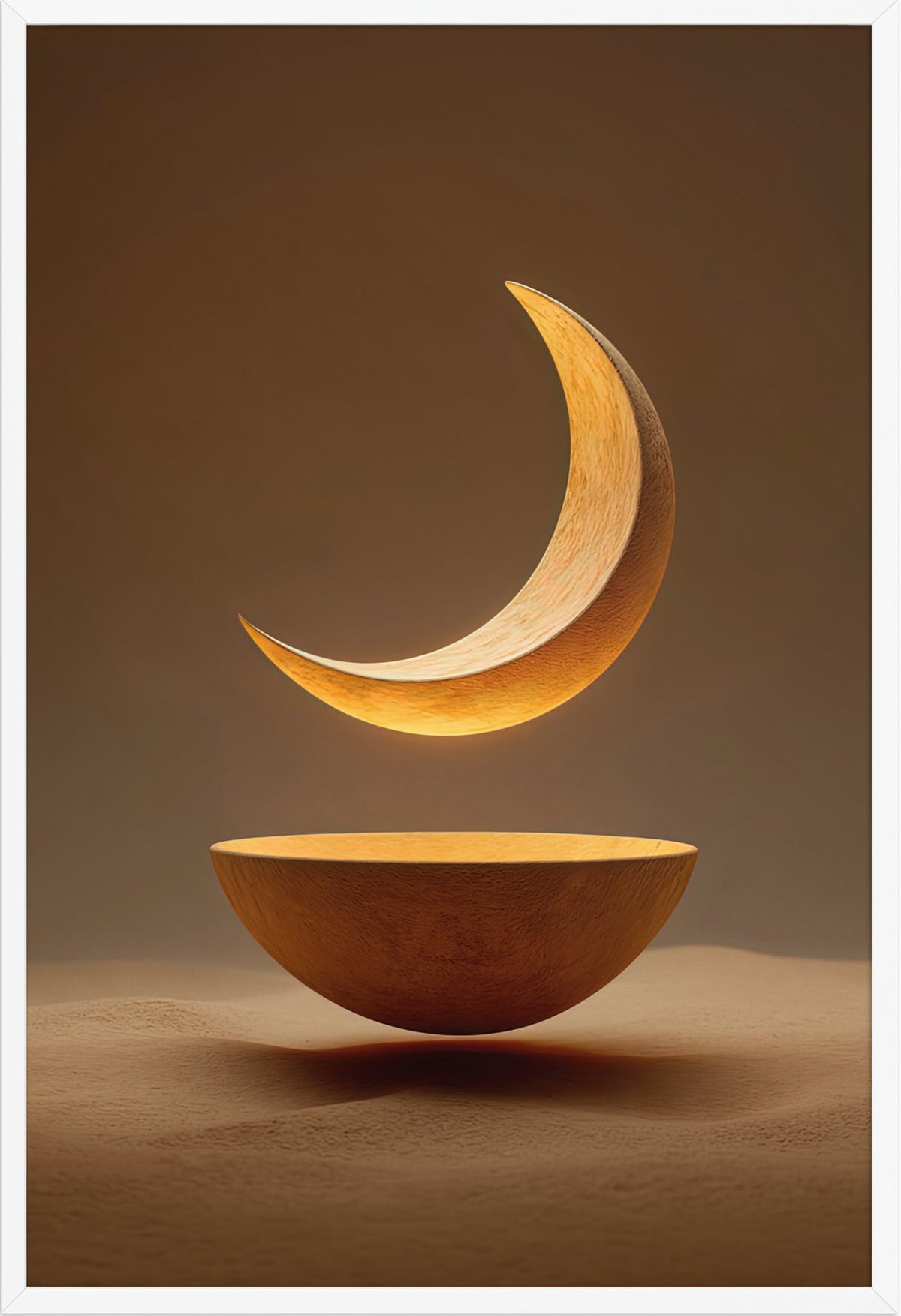 The Moon and the Bowl — framed in white, 61 × 91 cm