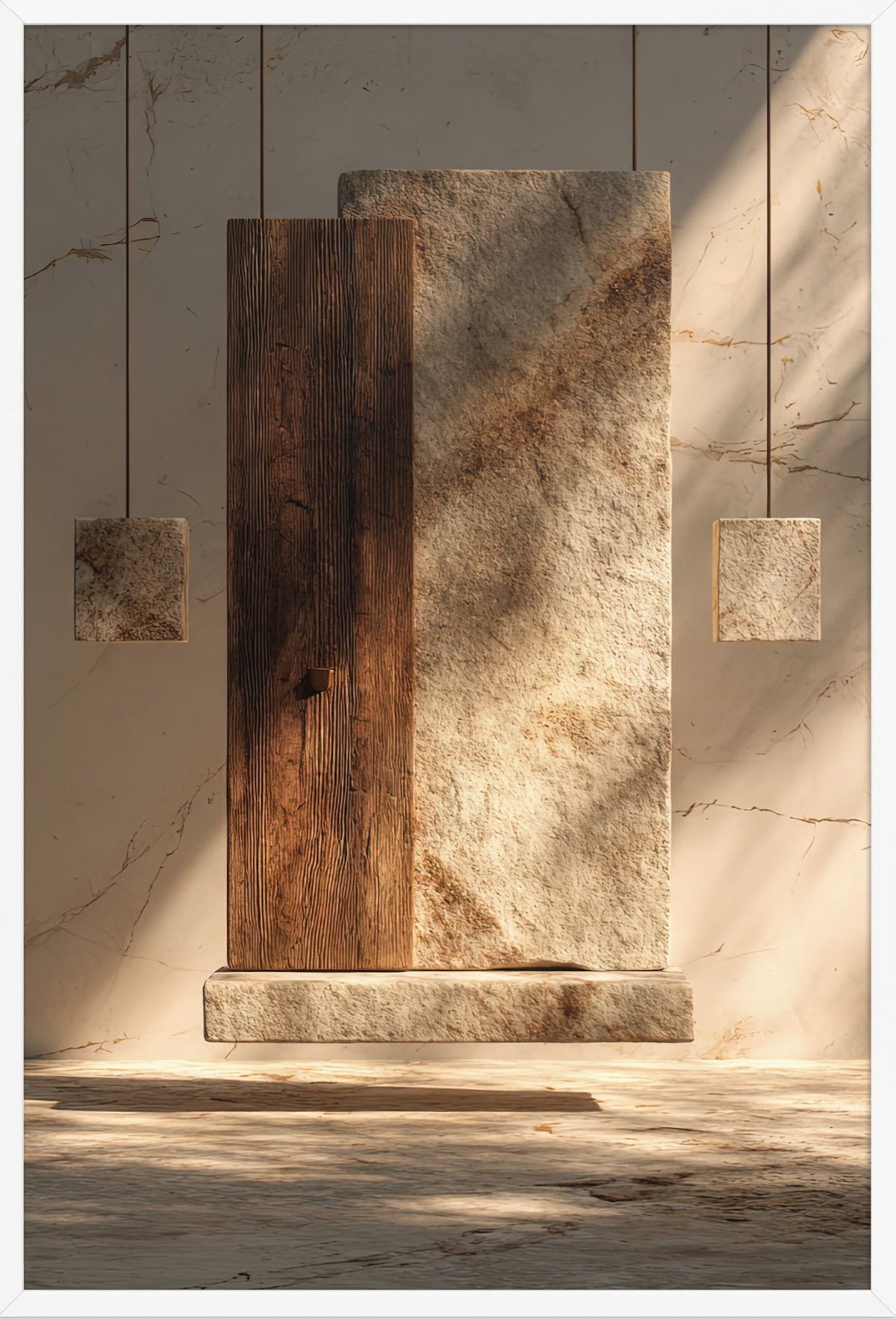 Das Holz und die Platte — gerahmt in Weiß, 61 × 91 cm