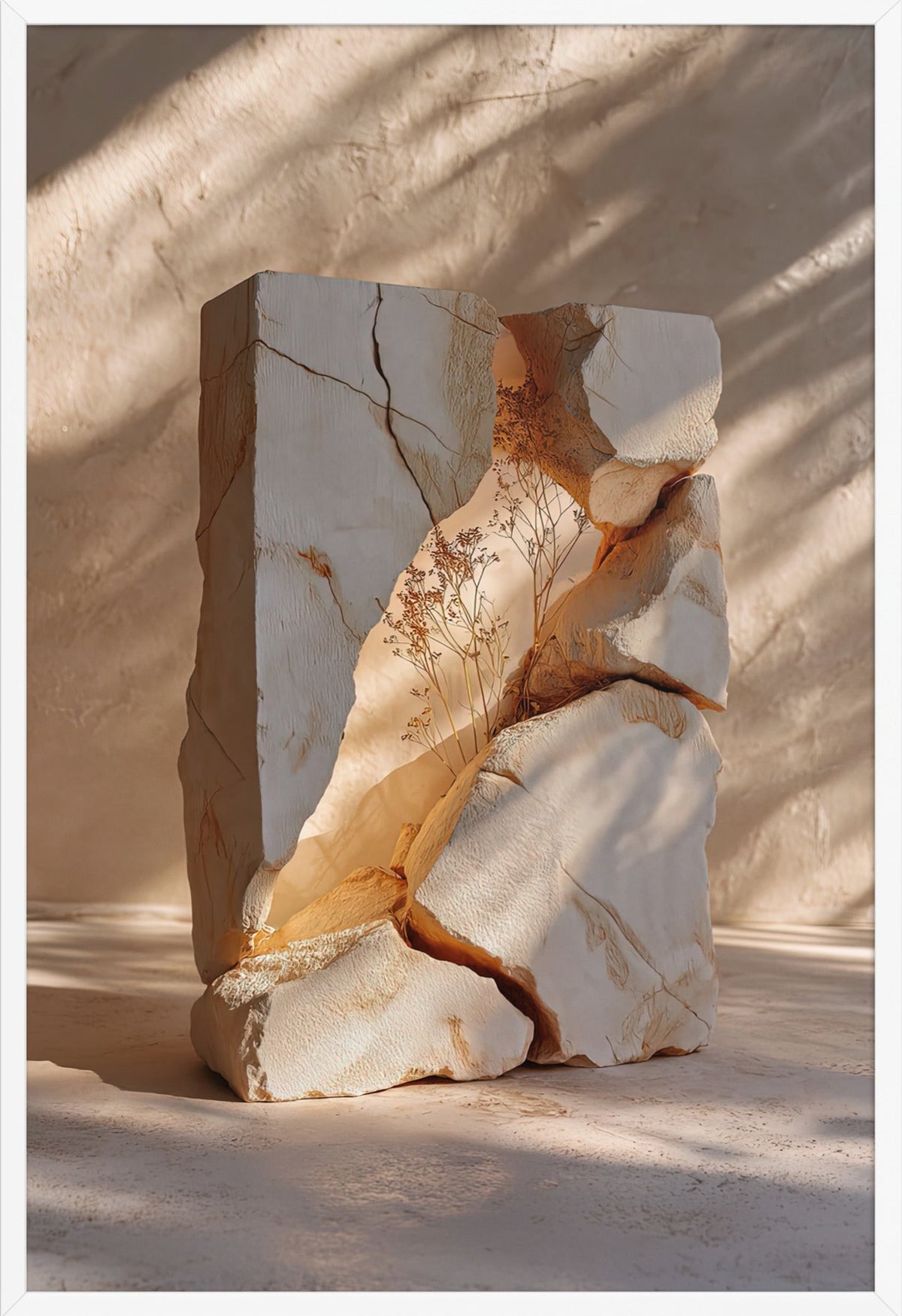 The Split Marble — framed in white, 61 × 91 cm