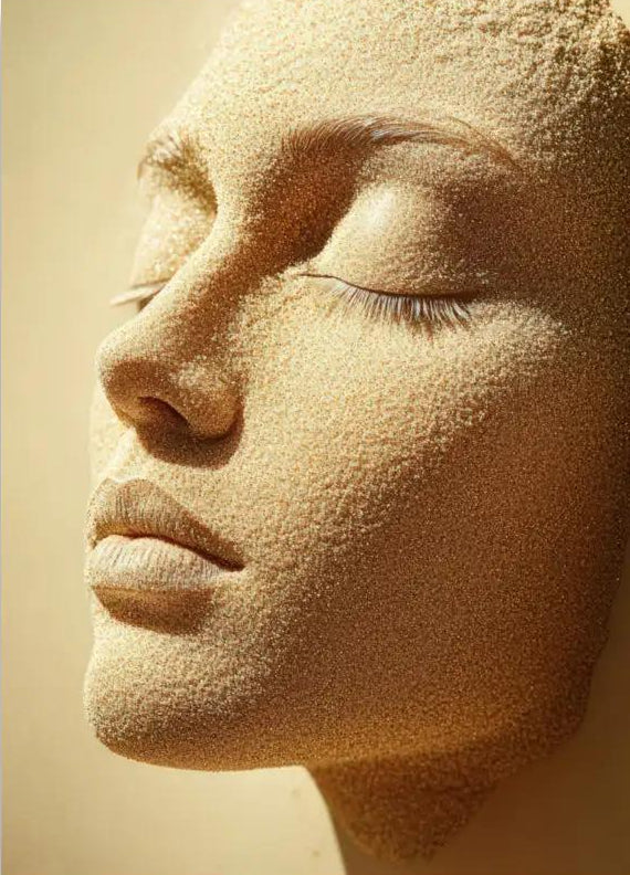 L'Ensablée – Minimalistisches Wandbild in Gold-Sand-Optik, abstraktes Gesicht