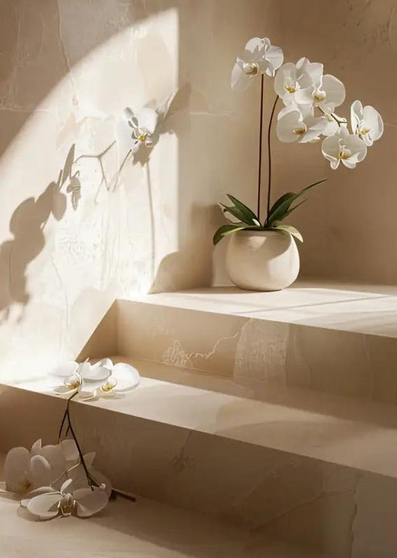 The Orchid Staircase — Minimalist travertine orchid wall poster