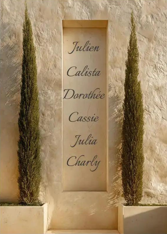Les Cyprès de Famille — Affiche murale personnalisable prénoms, affiche murale minimaliste avec cadre bois, décoration murale salon ou chambre, style méditerranéen