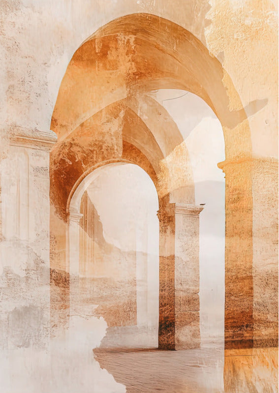 The Golden Arches poster on 189 g/m² matte paper — Romanesque arches in a row, gold and sand watercolor