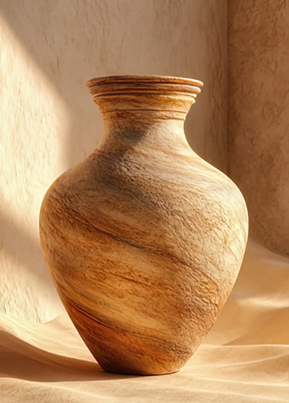 Poster The Veined Vase — a large vase with a veined surface resting on a sand-coloured drape, size 50 × 70 cm