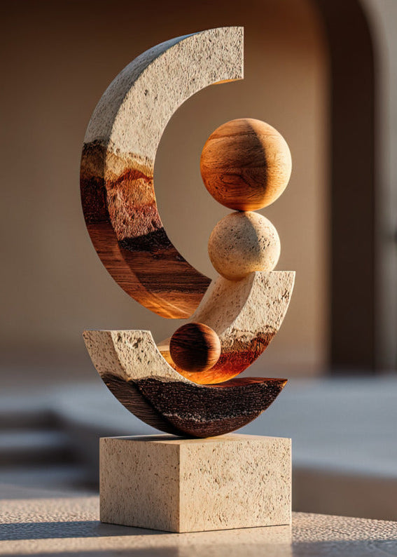 Poster The Crescent Totem — a stone totem in which a travertine crescent holds three spheres in balance, size 50 × 70 cm