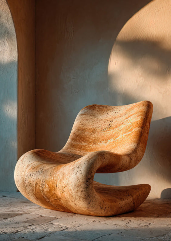 Poster Die Liege aus Stein — eine aus einem einzigen Travertinblock mit ockerfarbenen Adern gemeißelte Chaiselongue, Format 50 × 70 cm