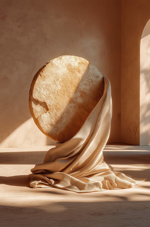 Poster The Wrapped Sphere — veined stone sphere resting on drapery, unframed print, 61×91 cm