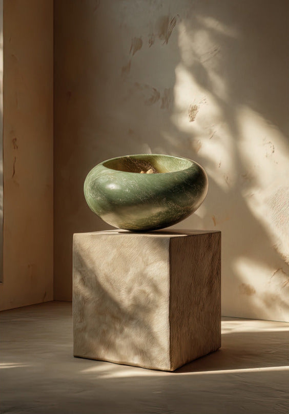 Poster La Giada e il Cubo — ciottolo verde giada in equilibrio su un cubo di pietra, senza cornice, formato 70×100 cm