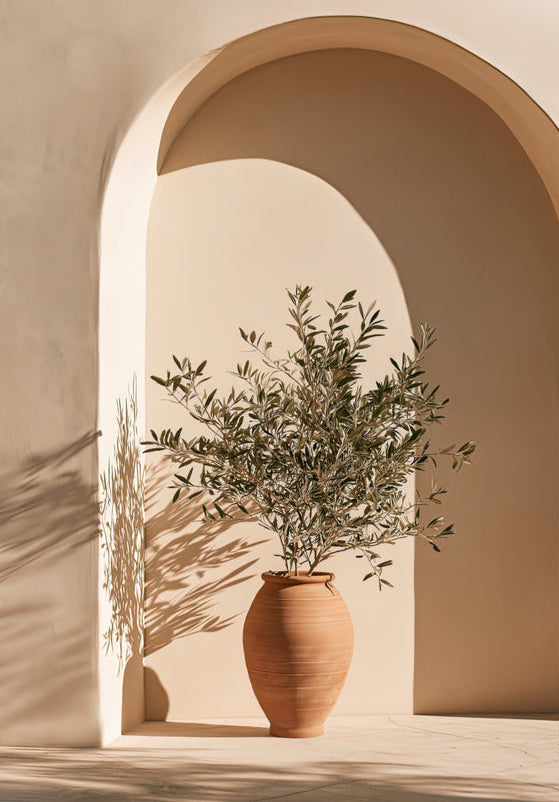 Poster The Rest Beneath the Arch — plaster arch and terracotta jar with an olive branch, unframed print, 70×100 cm