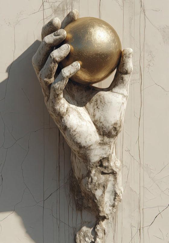 Poster The Held Orb — golden orb held by a hand of stone, unframed print, 70×100 cm