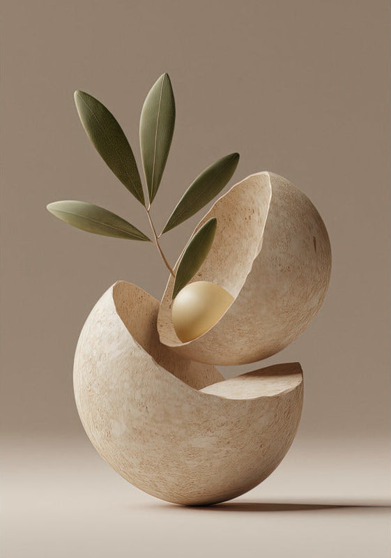 Poster The Opened Seed — opened stone seed with a single leaf, unframed print, 70×100 cm