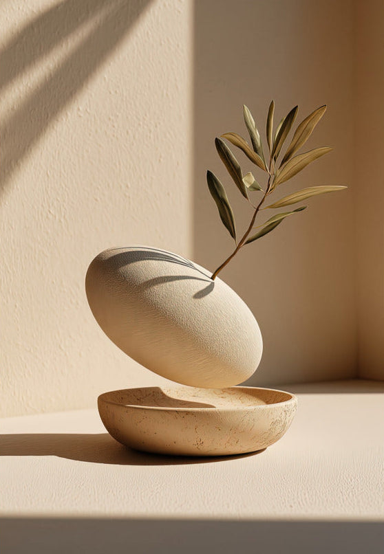 Poster The Hollow and the Branch — hollowed pebble holding a sprig, unframed print, 70×100 cm