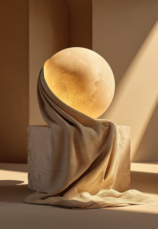Poster L'Astro Drappeggiato — disco solare dorato avvolto in un drappo, senza cornice, formato 70×100 cm