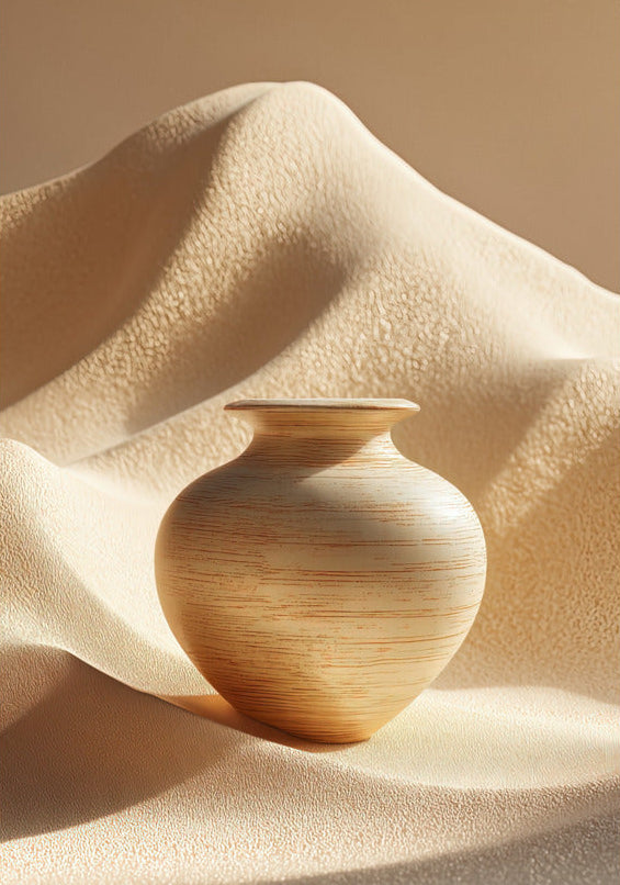 Poster Il Vaso e la Duna — un vaso in ceramica chiara nell'incavo di una duna crema, formato 70 × 100 cm
