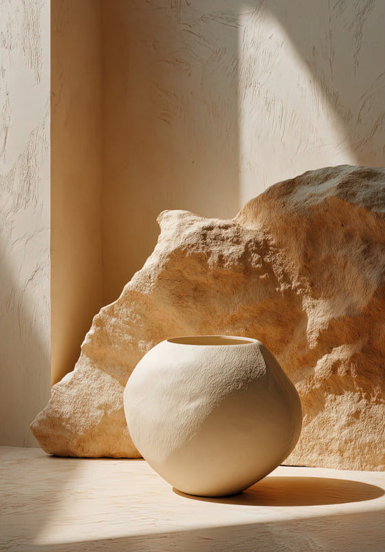 Poster La Sfera e la Roccia — un vaso sferico avorio appoggiato a un blocco di calcare grezzo, formato 70 × 100 cm