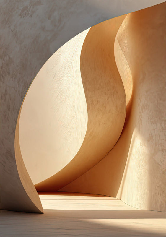 Poster The Great Curve — two ochre plaster walls curling into one another, size 70 × 100 cm