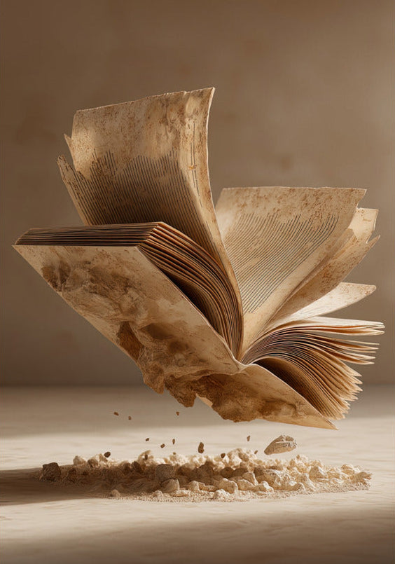 Poster De Vlucht der Bladzijden — een boek waarvan de bladen in een spiraal wegvliegen, formaat 70 × 100 cm