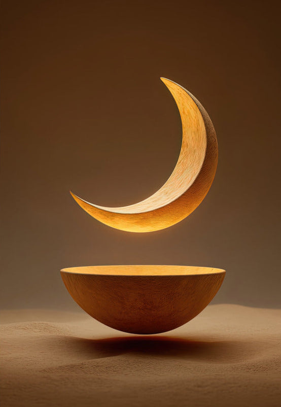 Poster The Moon and the Bowl — a golden crescent suspended above a terracotta bowl, size 70 × 100 cm
